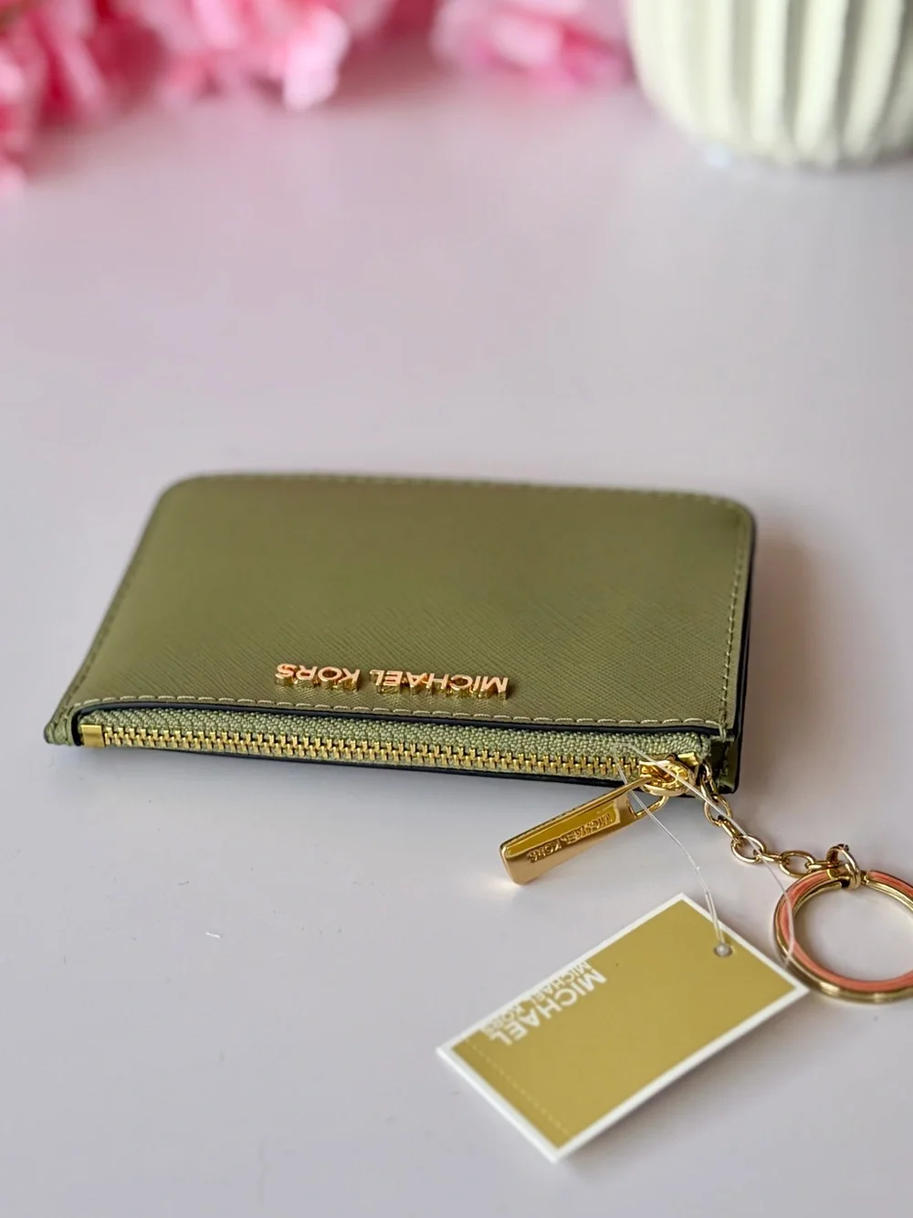 Michael Kors Olive Green Saffiano Cardholder Small Wallet with Gold Keyring